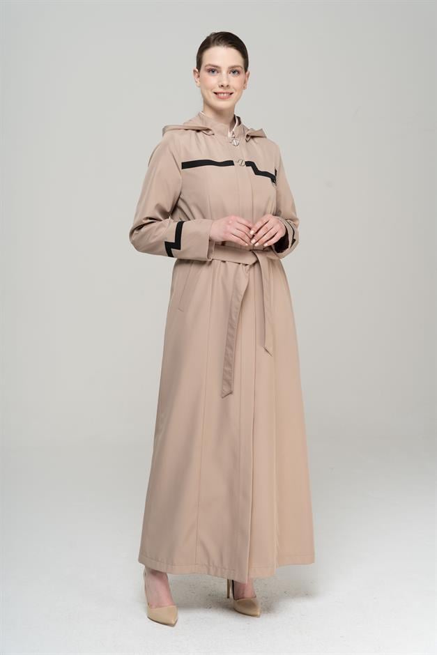 Mandarin Collar Detachable Hooded Garni Detailed Lined Long Trench Coat VIZON 4295