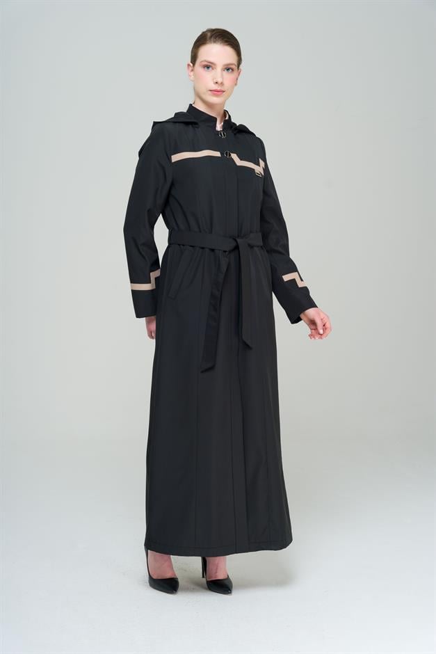 Mandarin Collar Detachable Hooded Garni Detailed Lined Long Trench Coat BLACK 4295