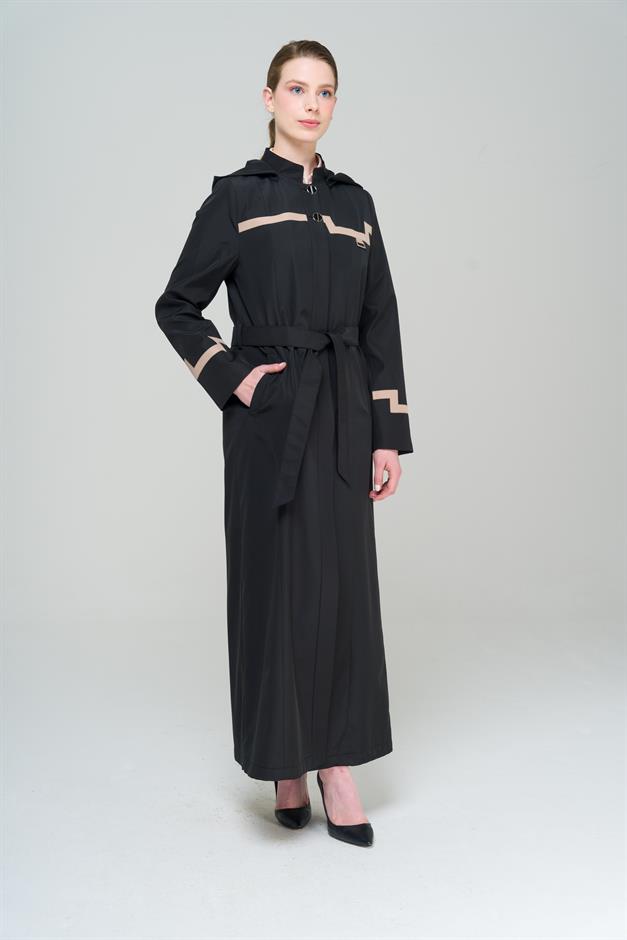 Mandarin Collar Detachable Hooded Garni Detailed Lined Long Trench Coat BLACK 4295