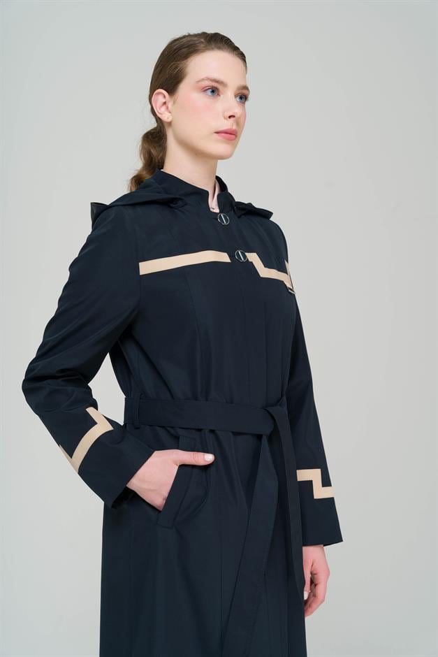 Mandarin Collar Detachable Hooded Garni Detailed Lined Long Trench Coat NAVY 4295