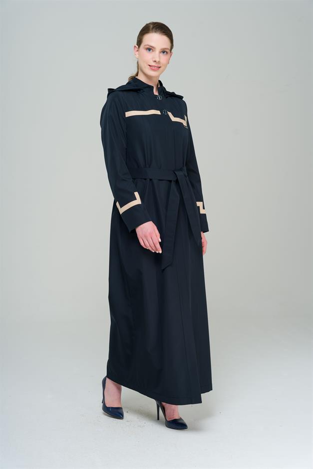 Mandarin Collar Detachable Hooded Garni Detailed Lined Long Trench Coat NAVY 4295