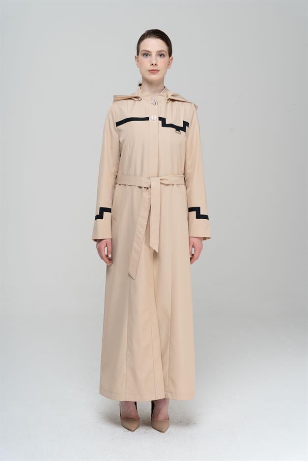 Mandarin Collar Detachable Hooded Garni Detailed Lined Long Trench Coat IVORY 4295