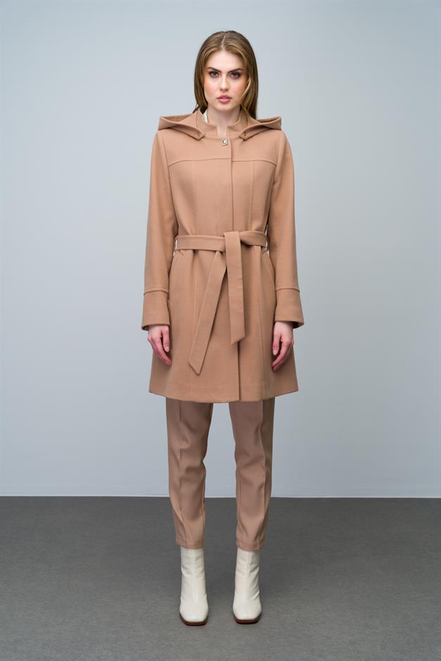 Removable Hooded Coat with a Stand Collar CAMEL 3012