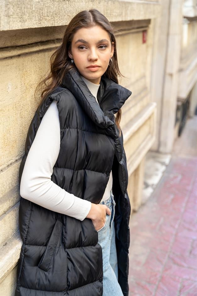 Long Puffer Vest with Judge Collar and Snap Closure BLACK 8229