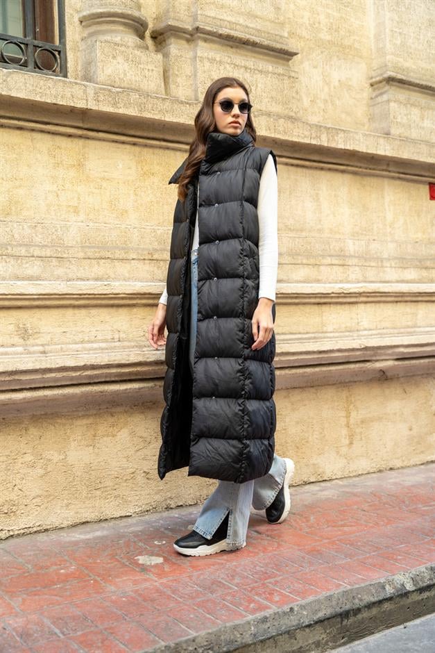 Long Puffer Vest with Judge Collar and Snap Closure BLACK 8229