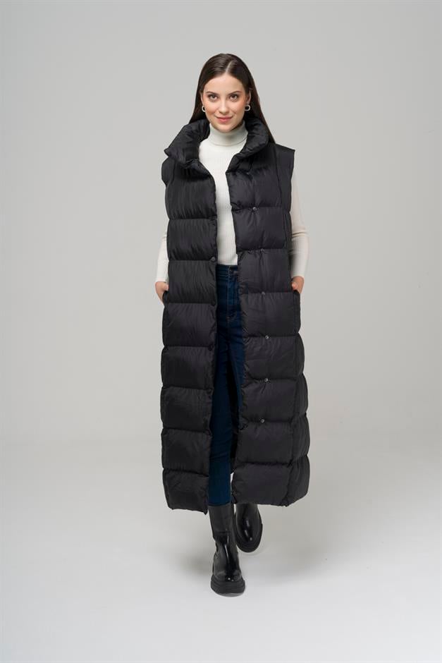 Long Puffer Vest with Judge Collar and Snap Closure BLACK 8229