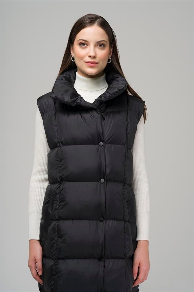 Long Puffer Vest with Judge Collar and Snap Closure BLACK 8229