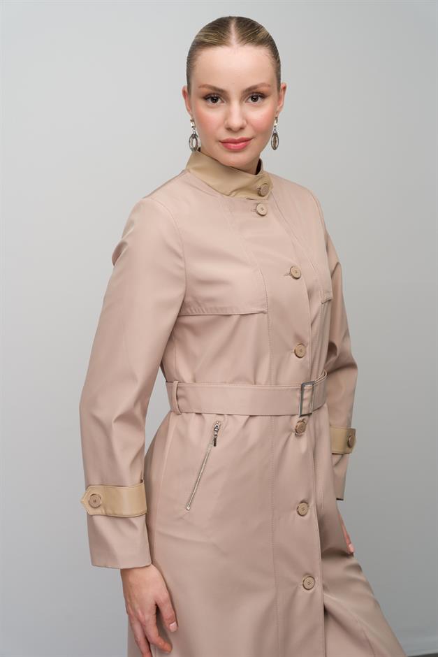 Long Trench Coat with a Grandad Collar, Leather and Cape Detail and Lining BEIGE 4298