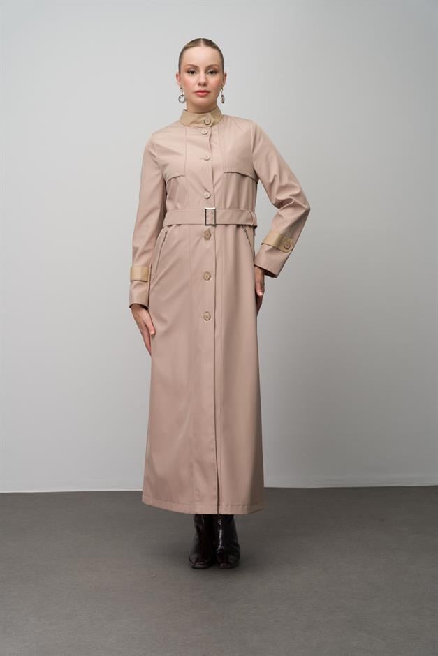 Long Trench Coat with a Grandad Collar, Leather and Cape Detail and Lining BEIGE 4298