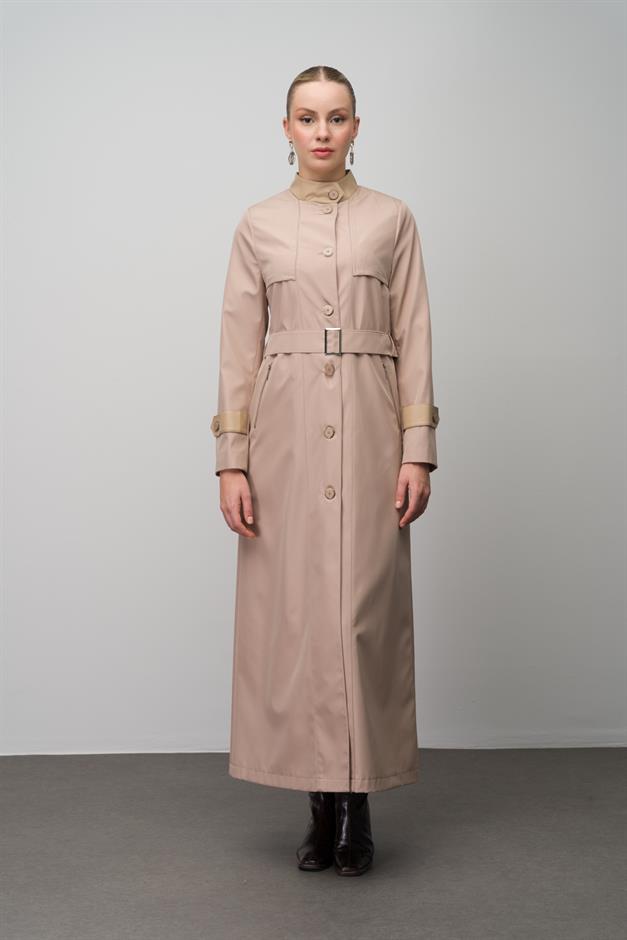 Long Trench Coat with a Grandad Collar, Leather and Cape Detail and Lining BEIGE 4298