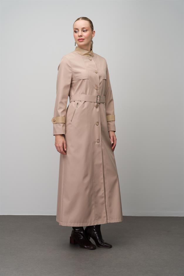 Long Trench Coat with a Grandad Collar, Leather and Cape Detail and Lining BEIGE 4298