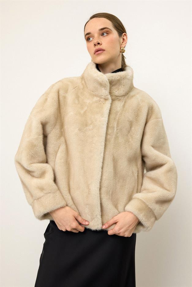 Hakim Yaka Exclusive Kürk Görünümlü Ceket BEJ 1005