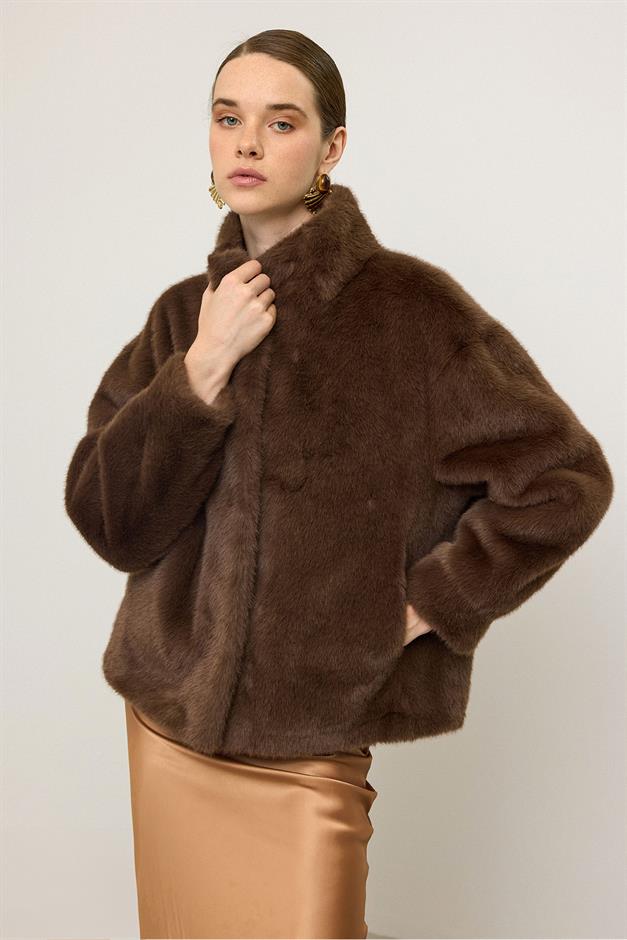 Hakim Yaka Exclusive Kürk Görünümlü Ceket KAHVE 1005