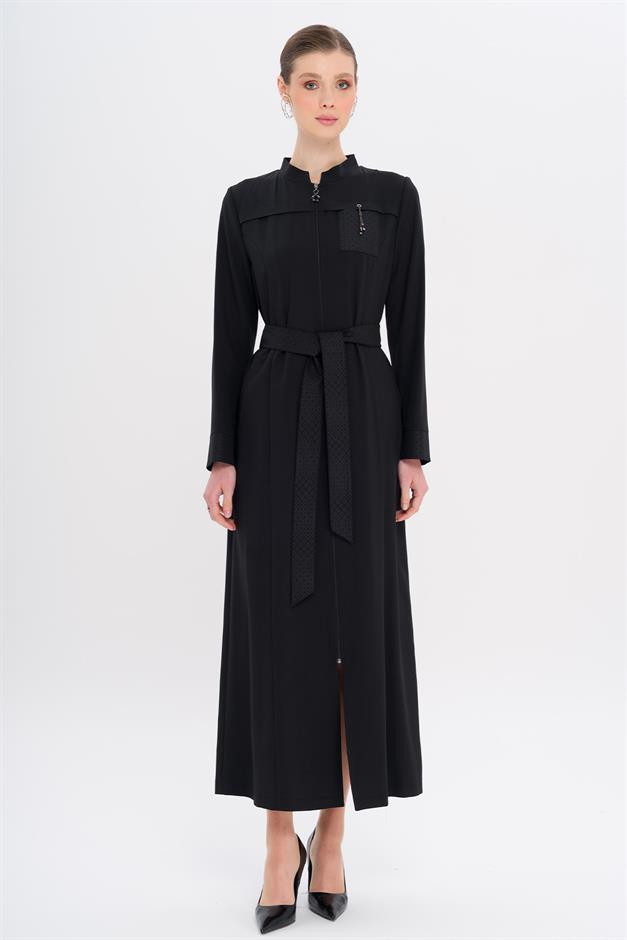Hakim Yaka Fermuar Kapamalı Desen Detaylı Astarsız Pardesü SİYAH 6715