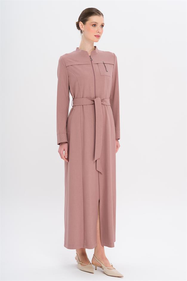 Hakim Yaka Fermuar Kapamalı Desen Detaylı Astarsız Pardesü GÜL KURUSU 6715