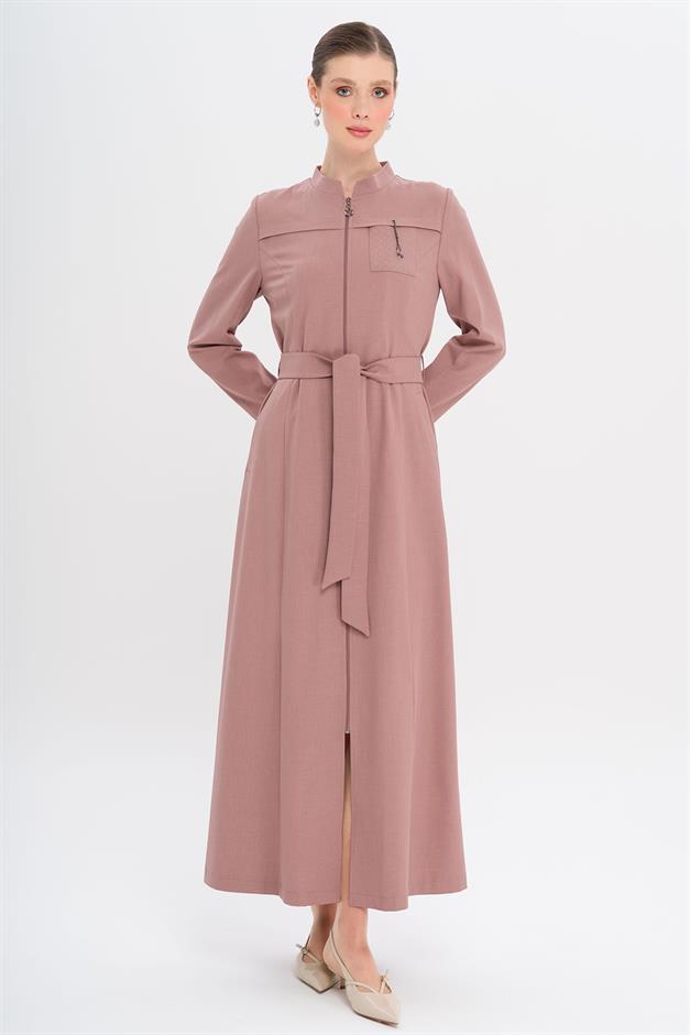 Hakim Yaka Fermuar Kapamalı Desen Detaylı Astarsız Pardesü GÜL KURUSU 6715