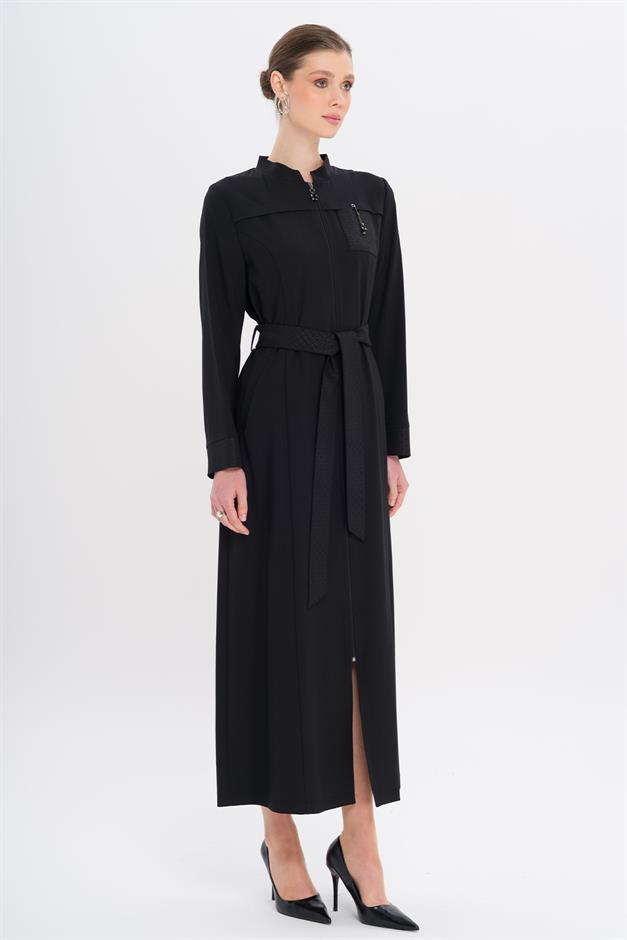 Hakim Yaka Fermuar Kapamalı Desen Detaylı Astarsız Pardesü SİYAH 6715