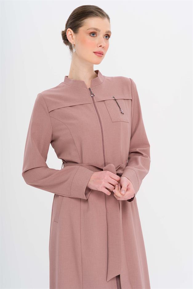 Hakim Yaka Fermuar Kapamalı Desen Detaylı Astarsız Pardesü GÜL KURUSU 6715