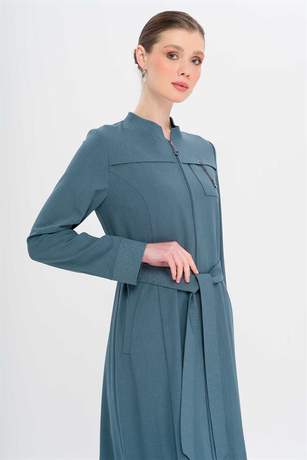 Hakim Yaka Fermuar Kapamalı Desen Detaylı Astarsız Pardesü MİNT 6715