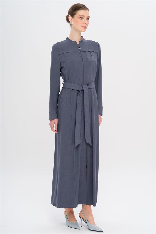 Hakim Yaka Fermuar Kapamalı Desen Detaylı Astarsız Pardesü İNDİGO 6715