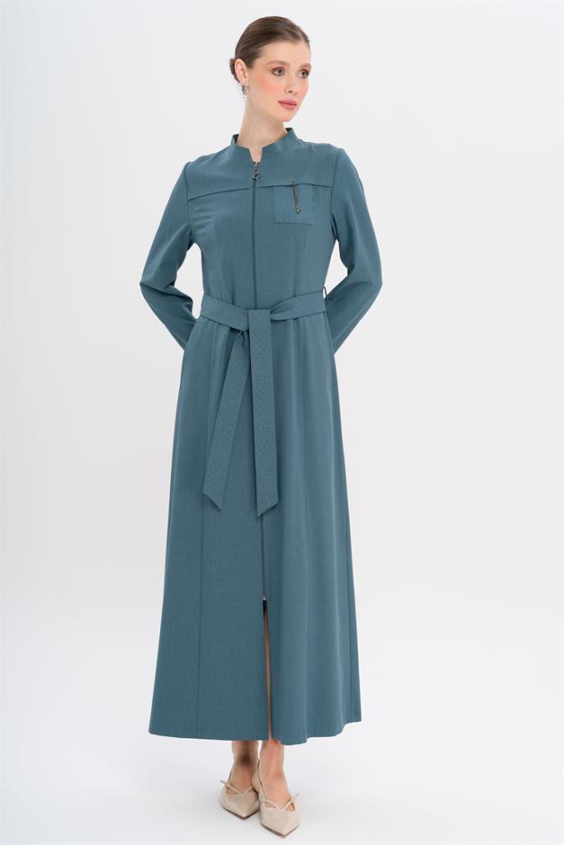 Hakim Yaka Fermuar Kapamalı Desen Detaylı Astarsız Pardesü MİNT 6715