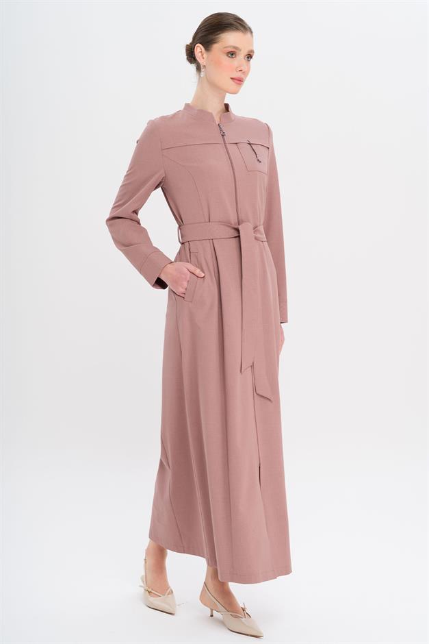 Hakim Yaka Fermuar Kapamalı Desen Detaylı Astarsız Pardesü GÜL KURUSU 6715