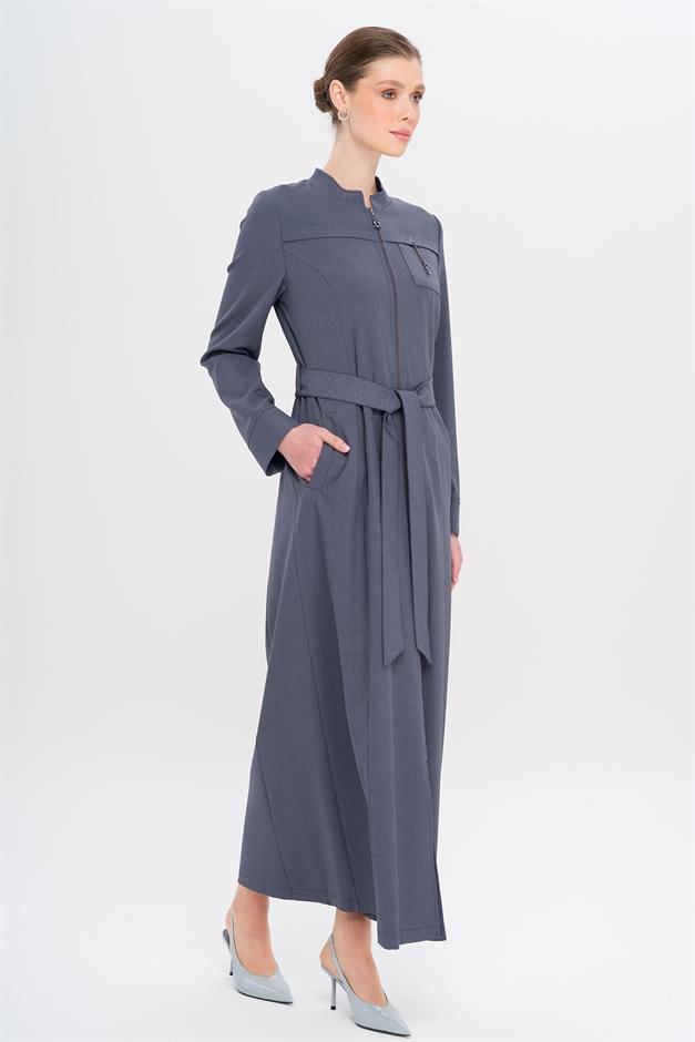 Hakim Yaka Fermuar Kapamalı Desen Detaylı Astarsız Pardesü İNDİGO 6715