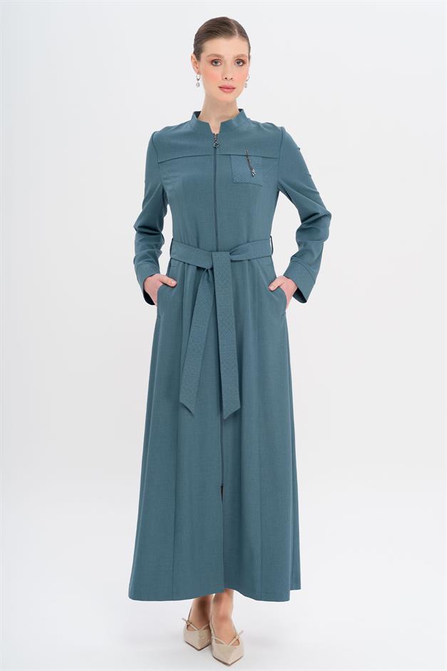 Hakim Yaka Fermuar Kapamalı Desen Detaylı Astarsız Pardesü MİNT 6715