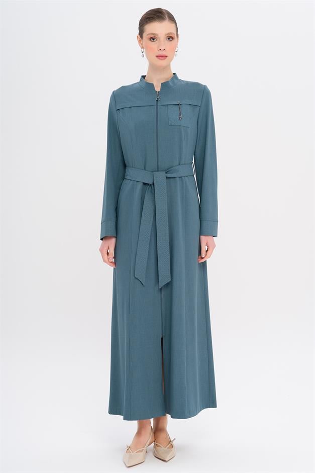 Hakim Yaka Fermuar Kapamalı Desen Detaylı Astarsız Pardesü MİNT 6715