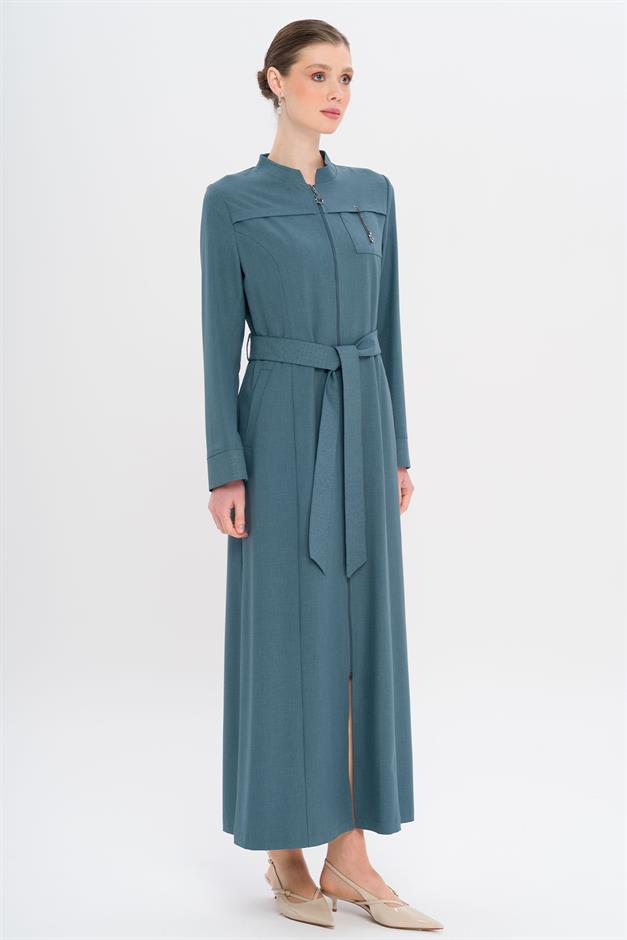 Hakim Yaka Fermuar Kapamalı Desen Detaylı Astarsız Pardesü MİNT 6715