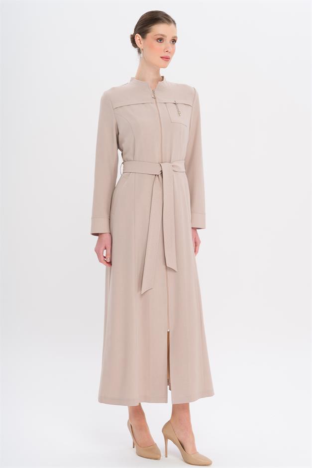 Hakim Yaka Fermuar Kapamalı Desen Detaylı Astarsız Pardesü TAŞ 6715