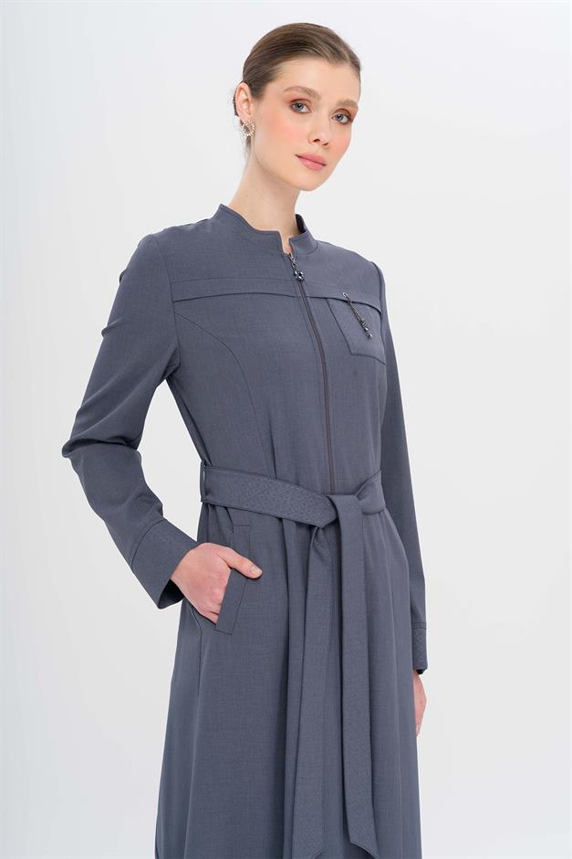 Hakim Yaka Fermuar Kapamalı Desen Detaylı Astarsız Pardesü İNDİGO 6715