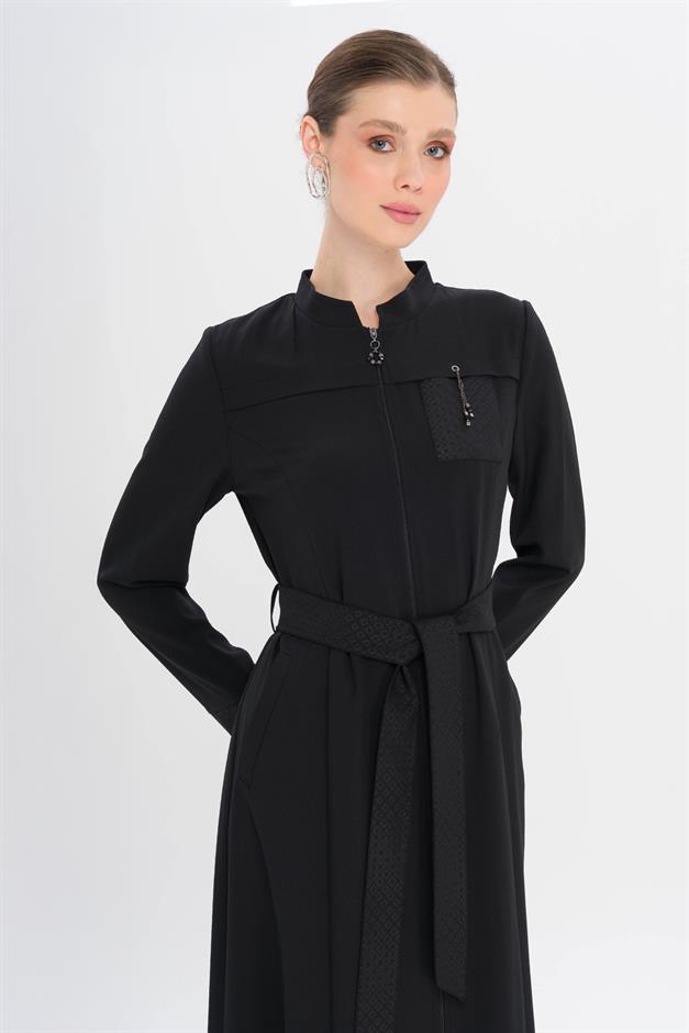 Hakim Yaka Fermuar Kapamalı Desen Detaylı Astarsız Pardesü SİYAH 6715