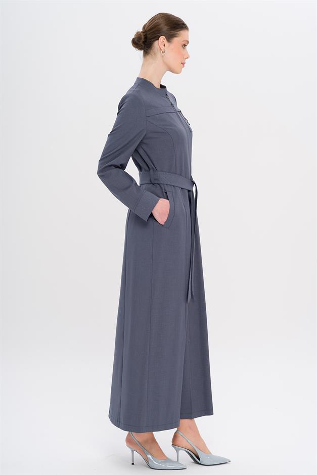 Hakim Yaka Fermuar Kapamalı Desen Detaylı Astarsız Pardesü İNDİGO 6715