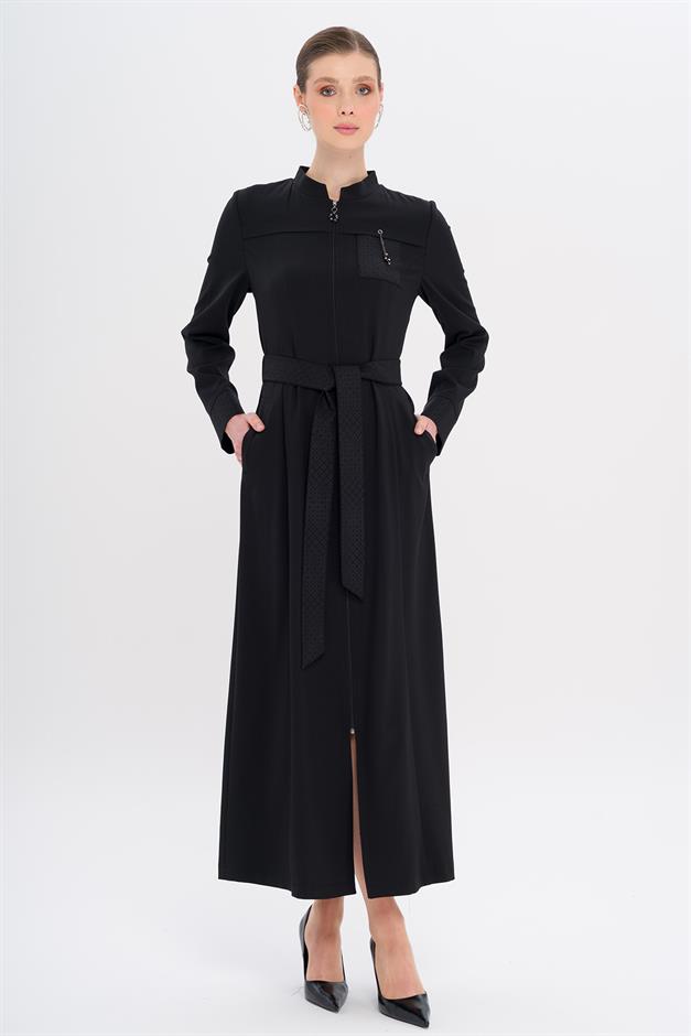 Hakim Yaka Fermuar Kapamalı Desen Detaylı Astarsız Pardesü SİYAH 6715