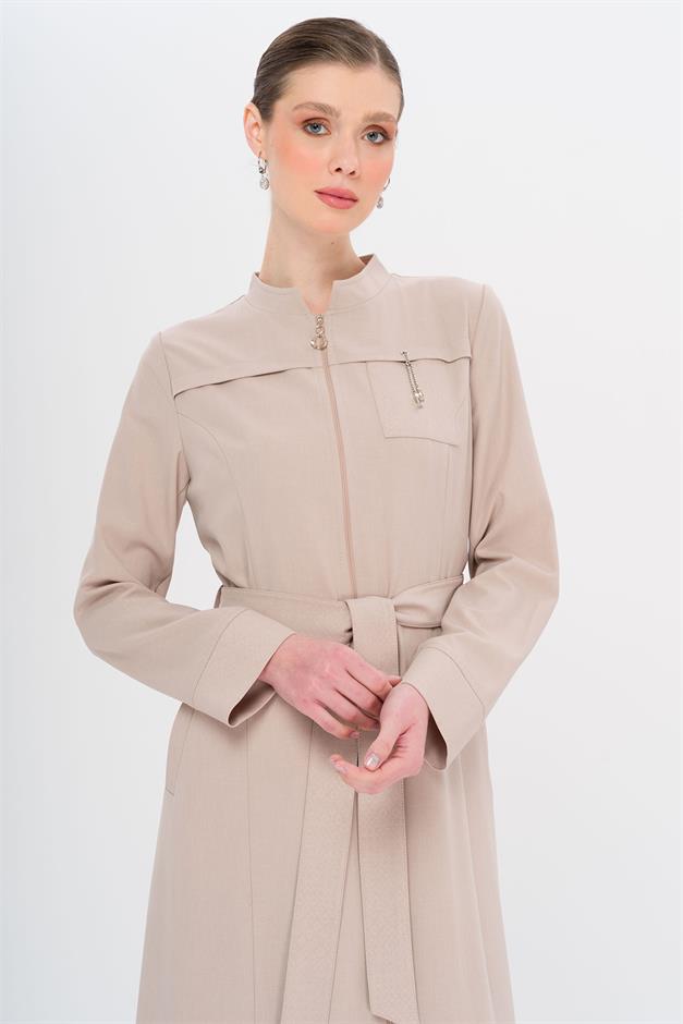 Hakim Yaka Fermuar Kapamalı Desen Detaylı Astarsız Pardesü TAŞ 6715