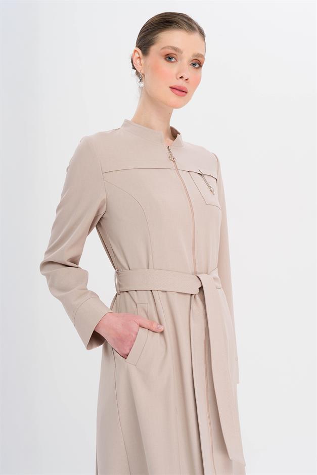 Hakim Yaka Fermuar Kapamalı Desen Detaylı Astarsız Pardesü TAŞ 6715