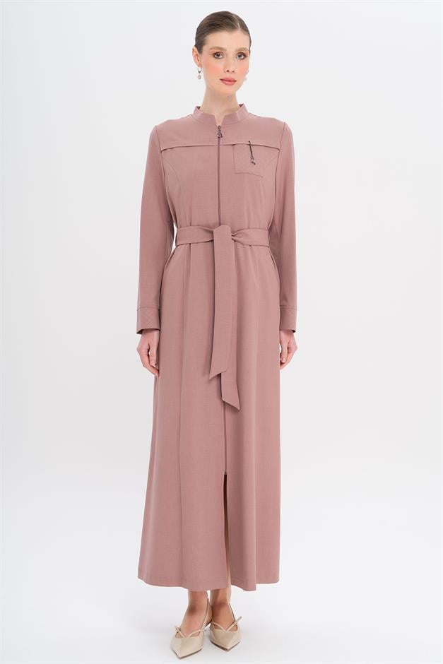 Hakim Yaka Fermuar Kapamalı Desen Detaylı Astarsız Pardesü GÜL KURUSU 6715