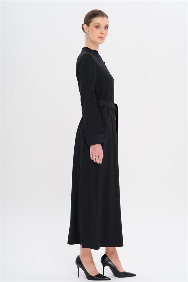 Hakim Yaka Fermuar Kapamalı Desen Detaylı Astarsız Pardesü SİYAH 6715