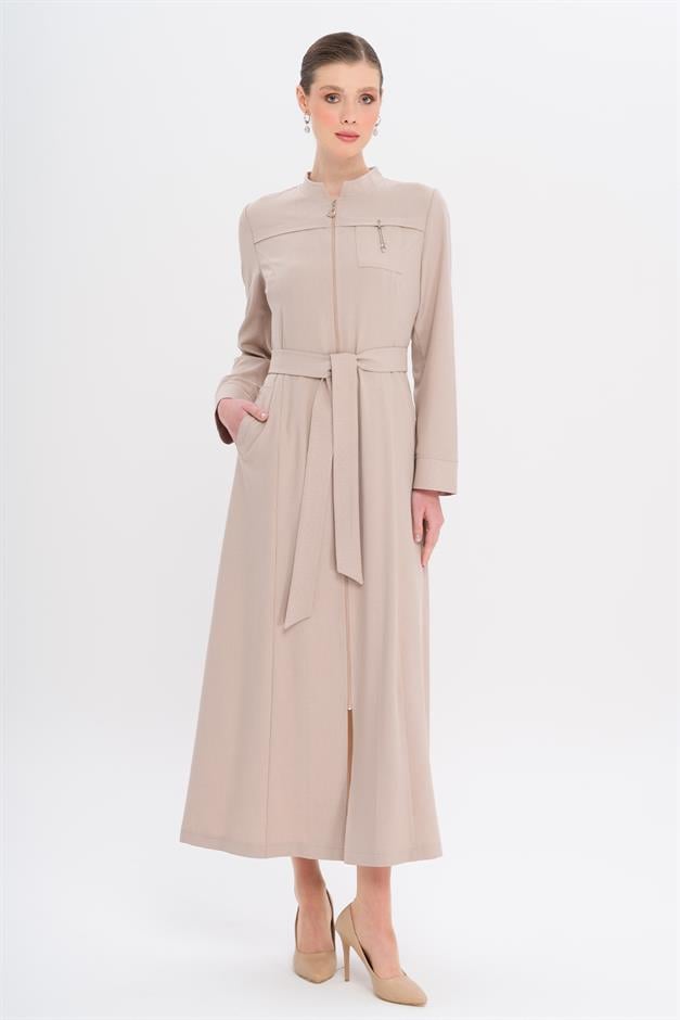 Hakim Yaka Fermuar Kapamalı Desen Detaylı Astarsız Pardesü TAŞ 6715