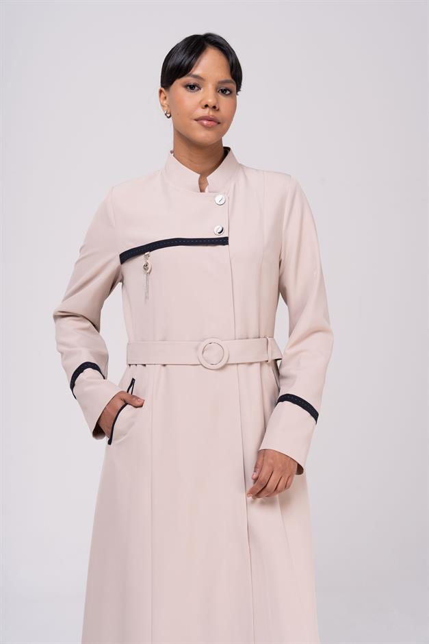 Hakim Yaka Garnili Punto ve Aksesuar Detaylı Astarlı Pardesü BEJ 6550