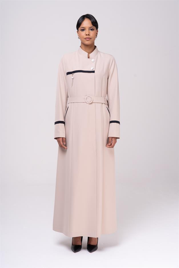 Hakim Yaka Garnili Punto ve Aksesuar Detaylı Astarlı Pardesü BEJ 6550