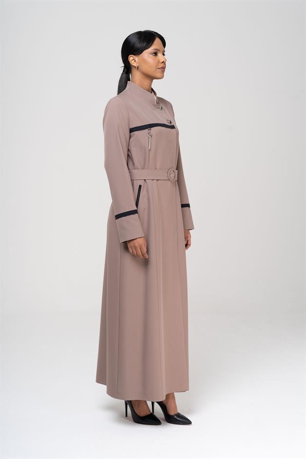 Hakim Yaka Garnili Punto ve Aksesuar Detaylı Astarlı Pardesü VİZON 6550