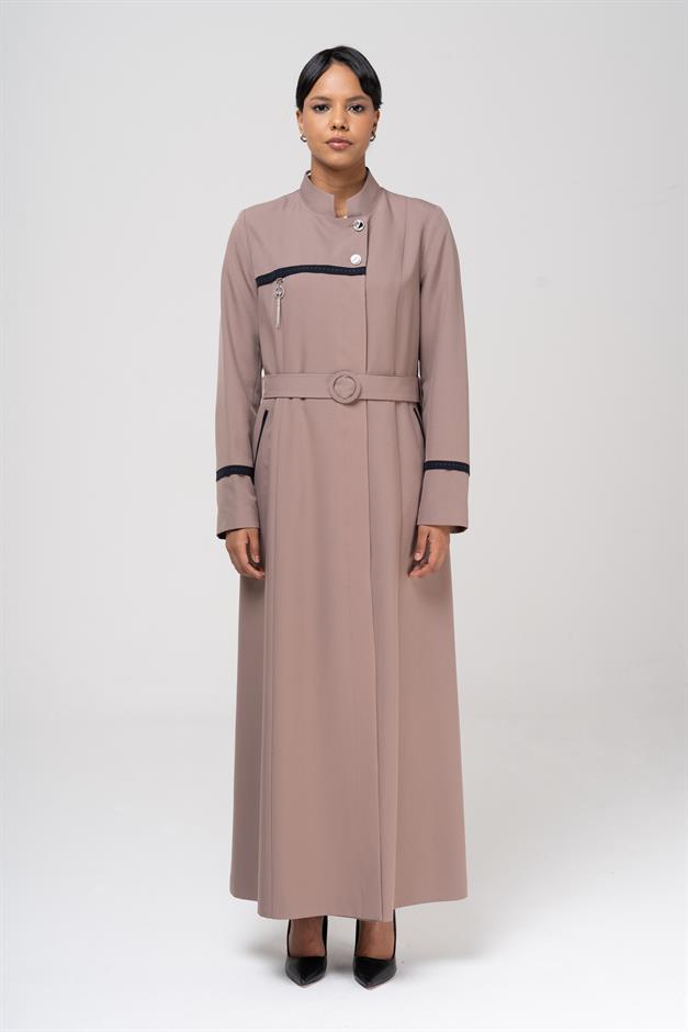 Hakim Yaka Garnili Punto ve Aksesuar Detaylı Astarlı Pardesü VİZON 6550