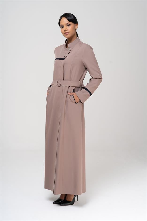 Hakim Yaka Garnili Punto ve Aksesuar Detaylı Astarlı Pardesü VİZON 6550