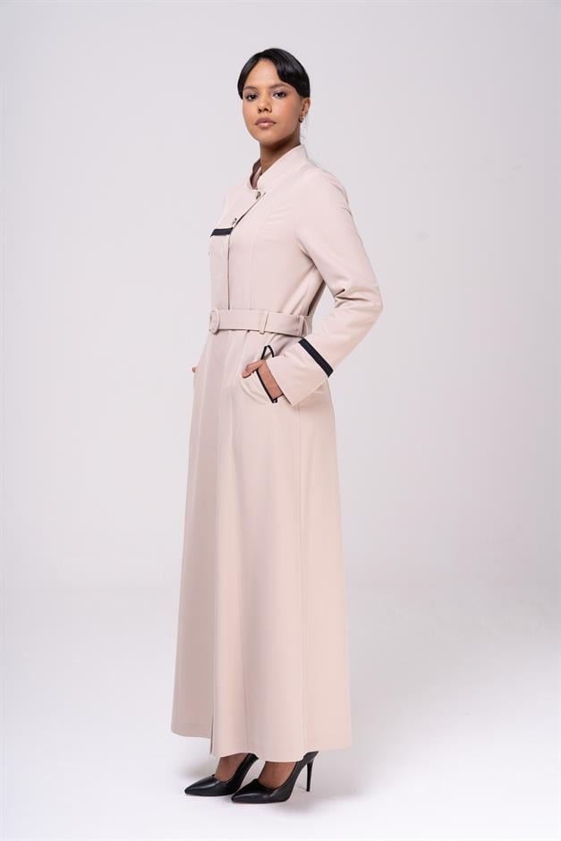 Hakim Yaka Garnili Punto ve Aksesuar Detaylı Astarlı Pardesü BEJ 6550