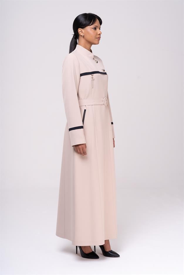 Hakim Yaka Garnili Punto ve Aksesuar Detaylı Astarlı Pardesü BEJ 6550