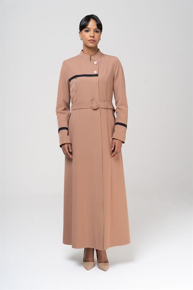 Hakim Yaka Garnili Punto ve Aksesuar Detaylı Astarlı Pardesü KAMEL 6550