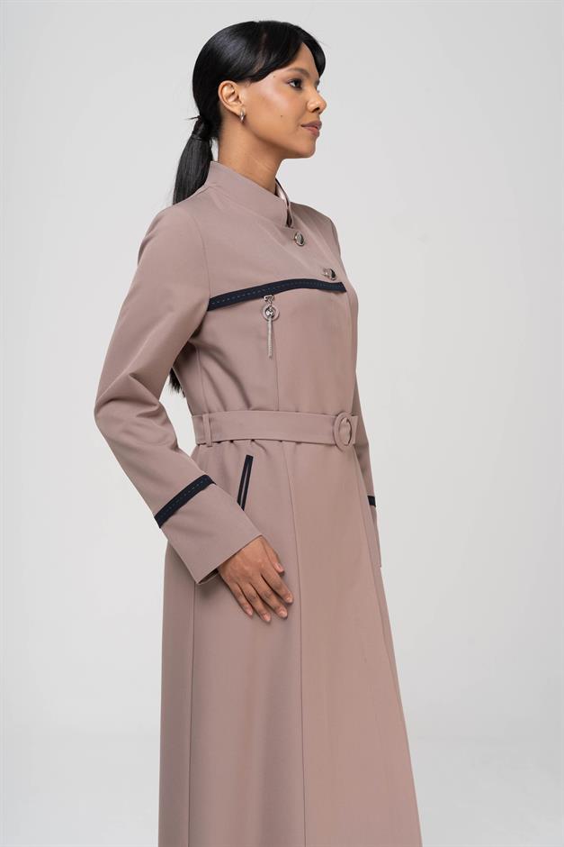 Hakim Yaka Garnili Punto ve Aksesuar Detaylı Astarlı Pardesü VİZON 6550