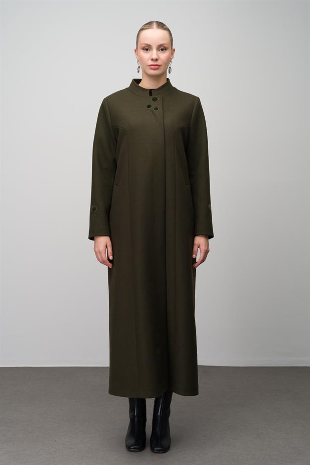 Hakim Yaka İşleme Detaylı Yün Karışımlı Büyük Beden Pardesü HAKİ 6632